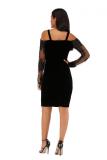Black Fashion adult Sexy Spaghetti Strap Long Sleeves V Neck Step Skirt Knee-Length Patchwork So