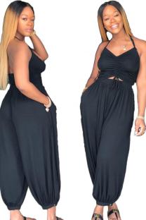 Black Fashion Sexy Solid bandage Backless Slip Jumpsuits