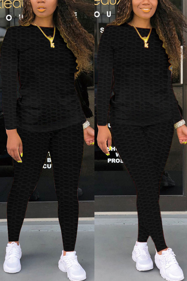 Black Fashion Casual Solid Zipper Basic O Neck Long Sleeve Two Pieces