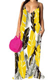 Blue Fashion Casual adult Red Blue Yellow Spaghetti Strap Sleeveless V Neck Swagger Floor-Length Print Patchwork Dresses