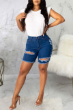 Dark Blue Fashion Sexy Solid Ripped High Waist Straight Jeans