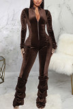 Coffee Sexy Casual Solid Without Belt O Neck Regular Jumpsuits