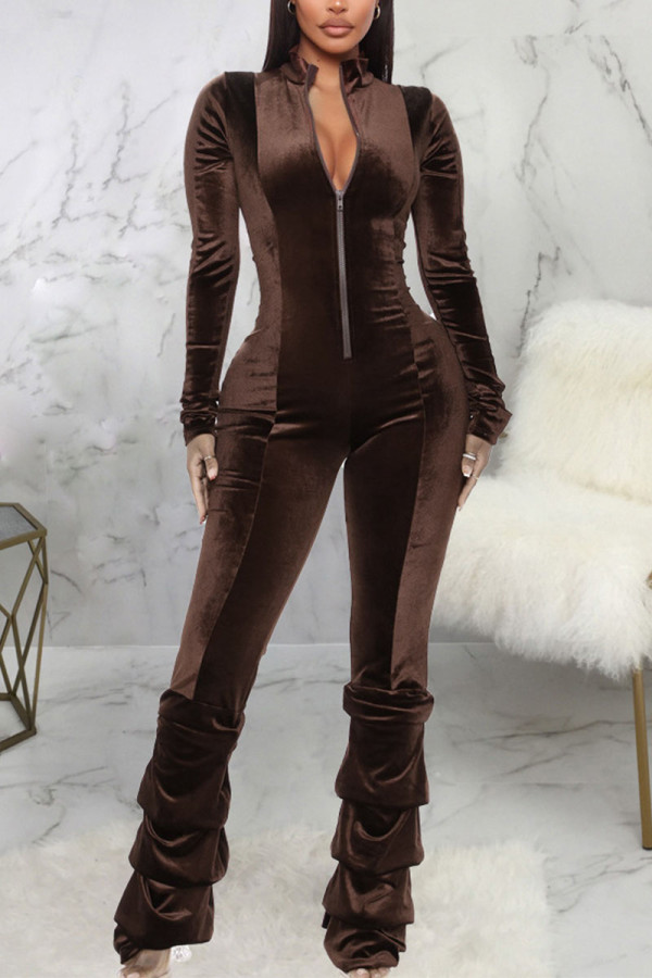 Coffee Sexy Casual Solid Without Belt O Neck Regular Jumpsuits