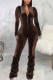 Coffee Sexy Casual Solid Without Belt O Neck Regular Jumpsuits