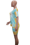 Dark Blue Fashion Sexy adult Patchwork Print Tie Dye Two Piece Suits Straight Short Sleeve Two Pieces