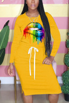 Yellow Fashion Casual Print Patchwork Draw String O Neck Printed Dresses