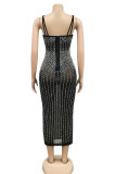 Apricot Sexy Geometric Hot Drill Spaghetti Strap Sling Dress Dresses