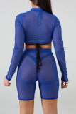 Blue Casual Solid Patchwork Half A Turtleneck Long Sleeve Two Pieces