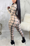 Yellow Sexy Plaid Patch V Neck Regular Jumpsuits