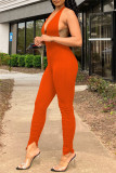 Black Sexy Casual Solid Backless Halter Skinny Jumpsuits