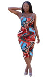 Red Sexy Fashion adult Spaghetti Strap Sleeveless Slip Step Skirt Mid-Calf Print backless Patc