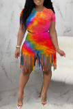 Blue Fashion Print Tie Dye Tassel O Neck Short Sleeve Two Pieces