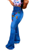 Dark Blue Sexy Embroidery Embroidered High Waist Boot Cut Denim