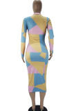 Yellow Fashion Casual Adult Print Patchwork O Neck Long Sleeve Knee Length A Line Dresses