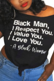Black White Black One word collar Short Sleeve Letter Print Tops