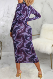 Purplish Red Sexy Print Patchwork Zipper Collar Pencil Skirt Dresses