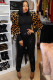 Black Nylon O Neck Long Sleeve Leopard Print Patchwork Slim fit 