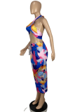 Blue Sexy Print Patchwork Halter Sleeveless Two Pieces