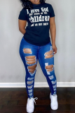 Tibetan Blue Casual Print Patchwork O Neck T-Shirts