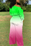 Orange Yellow Casual Patchwork Tie-dye One Shoulder Long Sleeve Two Pieces