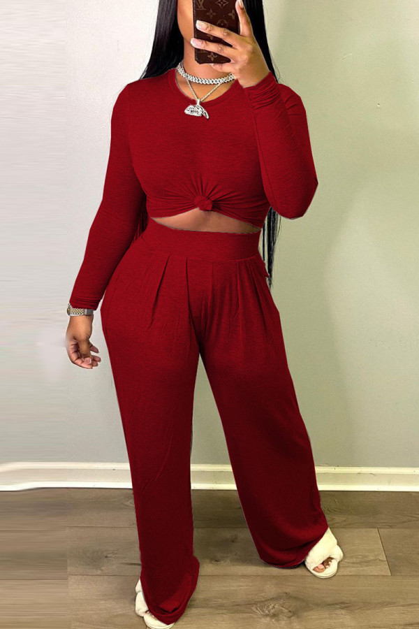 Wine Red Sexy Casual Solid Patchwork O Neck Long Sleeve Two Pieces
