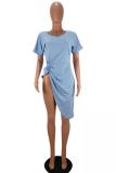 Light Blue Casual Sexy Fashion Cap Sleeve Short Sleeves O neck Asymmetrical skirt Draped Patchwork So