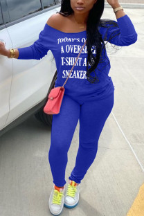 Blue Fashion Sportswear Adult Milk Fiber Letter Letter One Shoulder Long Sleeve One Shoulder Regular Two Pieces