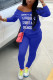 Blue Fashion Sportswear Adult Milk Fiber Letter Letter One Shoulder Long Sleeve One Shoulder Regular Two Pieces
