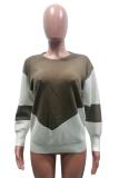 Brown O Neck Long Sleeve Patchwork Solid