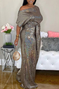 Gold Fashion Casual Solid Basic Off the Shoulder Plus Size Jumpsuits