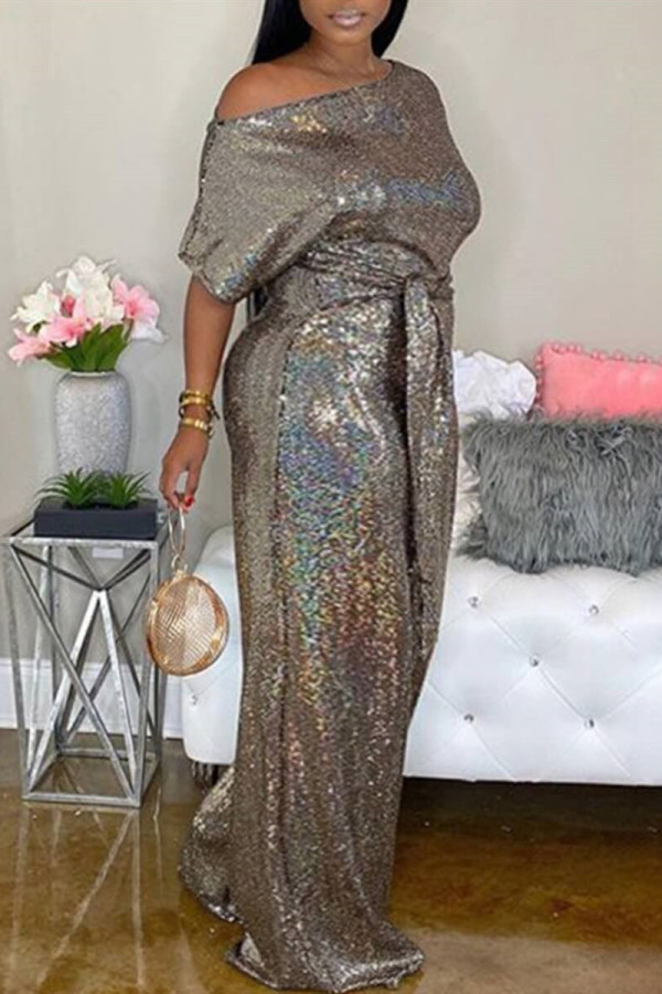 Gold Fashion Casual Solid Basic Off the Shoulder Plus Size Jumpsuits