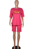 Red Fashion Casual adult Ma'am Print Two Piece Suits Lips Print Straight Short Sleeve Two Pieces