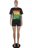 Black Fashion Casual Letter Print Short Sleeve Two Pieces