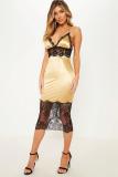 Gold Fashion Sexy Off The Shoulder Sleeveless Slip Slim Dress Mid-Calf backless Patchwork lace