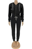 Black Gray Sportswear Solid Patchwork Hooded Collar Long Sleeve Two Pieces