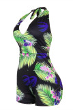 Blue Fashion Sexy Print Backless Halter Regular Romper