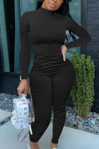 Black British Style Solid Fold O Neck Regular Jumpsuits