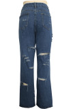 Blue Denim Button Fly Zipper Fly Mid washing Solid Hole Straight Pants 