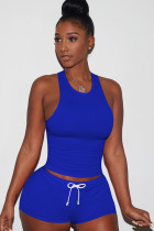 Royal blue knit Sexy Patchwork Two Piece Suits Solid Straight Sleeveless Two-Piece Short Set