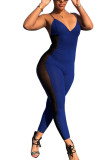 Blue Fashion street Patchwork Mesh Solid Sleeveless V Neck Jumpsuits