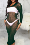 Pink Sexy Solid Mesh Hooded Collar Pencil Skirt Dresses