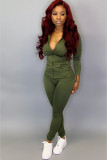 Army Green Fashion adult Active Casual Lightly cooked Zippered Two Piece Suits pencil Long Sleeve