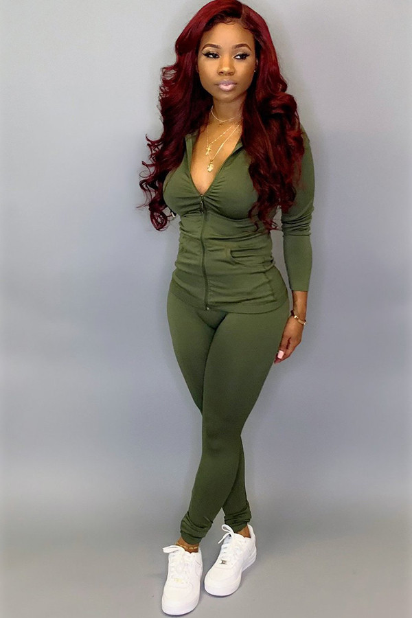 Army Green Fashion adult Active Casual Lightly cooked Zippered Two Piece Suits pencil Long Sleeve
