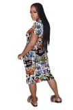 Grey Fashion adult Street White Black Grey Orange Yellow Black Green cartoon Multi-color Cap Sleeve Short Sleeves O neck A-Line Mid-Calf Print Patchwork Ombre bandage Colouring Dresses
