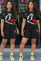 Black Fashion Active adult Ma'am Print Two Piece Suits pencil Short Sleeve Two Pieces