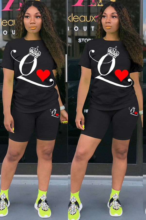 Black Fashion Active adult Ma'am Print Two Piece Suits pencil Short Sleeve Two Pieces