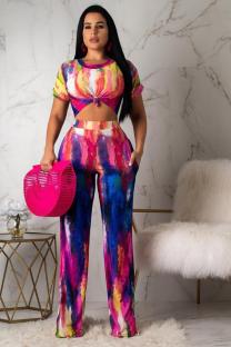 purple Fashion Sexy asymmetrical Two Piece Suits Bandage crop top Tie Dye Straight Short Sleeve
