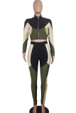 Green Active Europe and America Patchwork Solid pencil Long Sleeve Two Pieces
