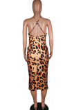 Camouflage Fashion Sexy Leopard print Camouflage serpentine Spaghetti Strap Sleeveless Slip Step Skirt Mid-Calf Print Dresses