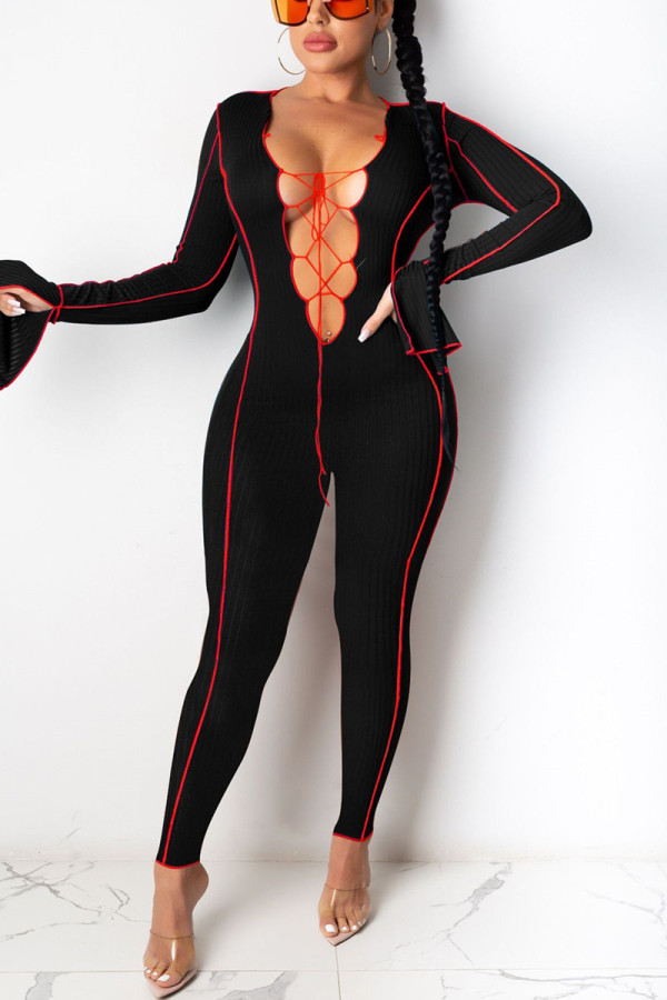 Black Fashion Sexy Solid Patchwork V Neck Skinny Jumpsuits